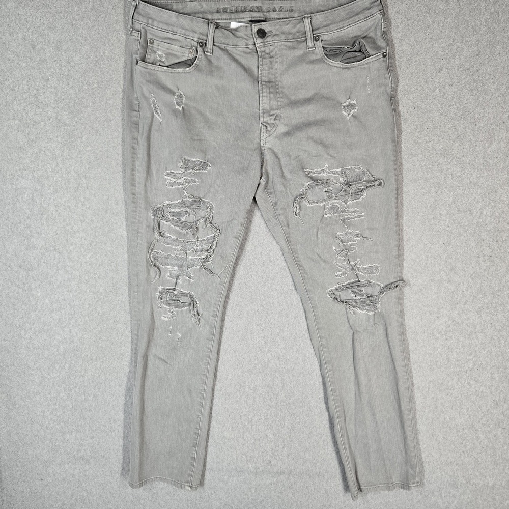 American Eagle Men Jeans 38X32 Gray Denim Slim Tapered Distressed Airflex+